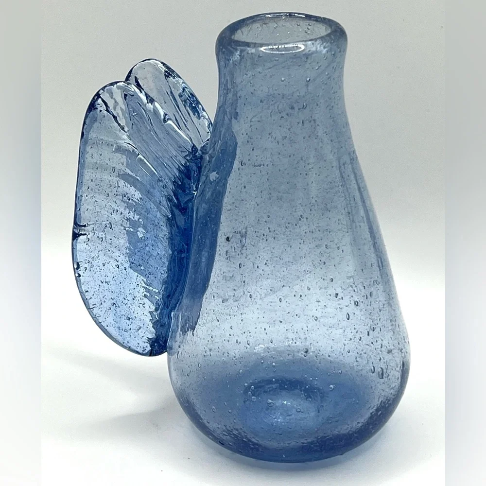 Handblown Small Blue Art Glass Bud Angel Wings Flower Vase 4.5 in Height